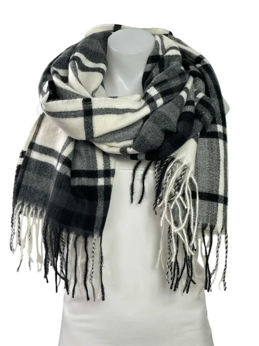 Marine Layer Women's Black White Plaid Check Fringe Wrap Shawl Neck Scarf OS